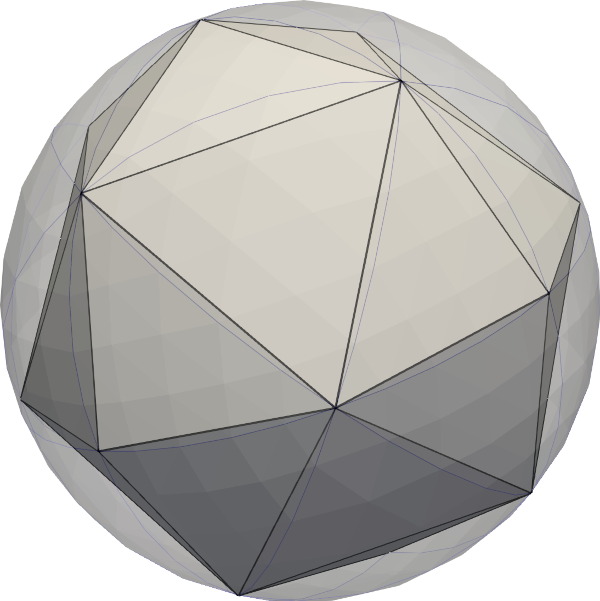 A faceted discrete sphere shown inside its curved higher-order lift